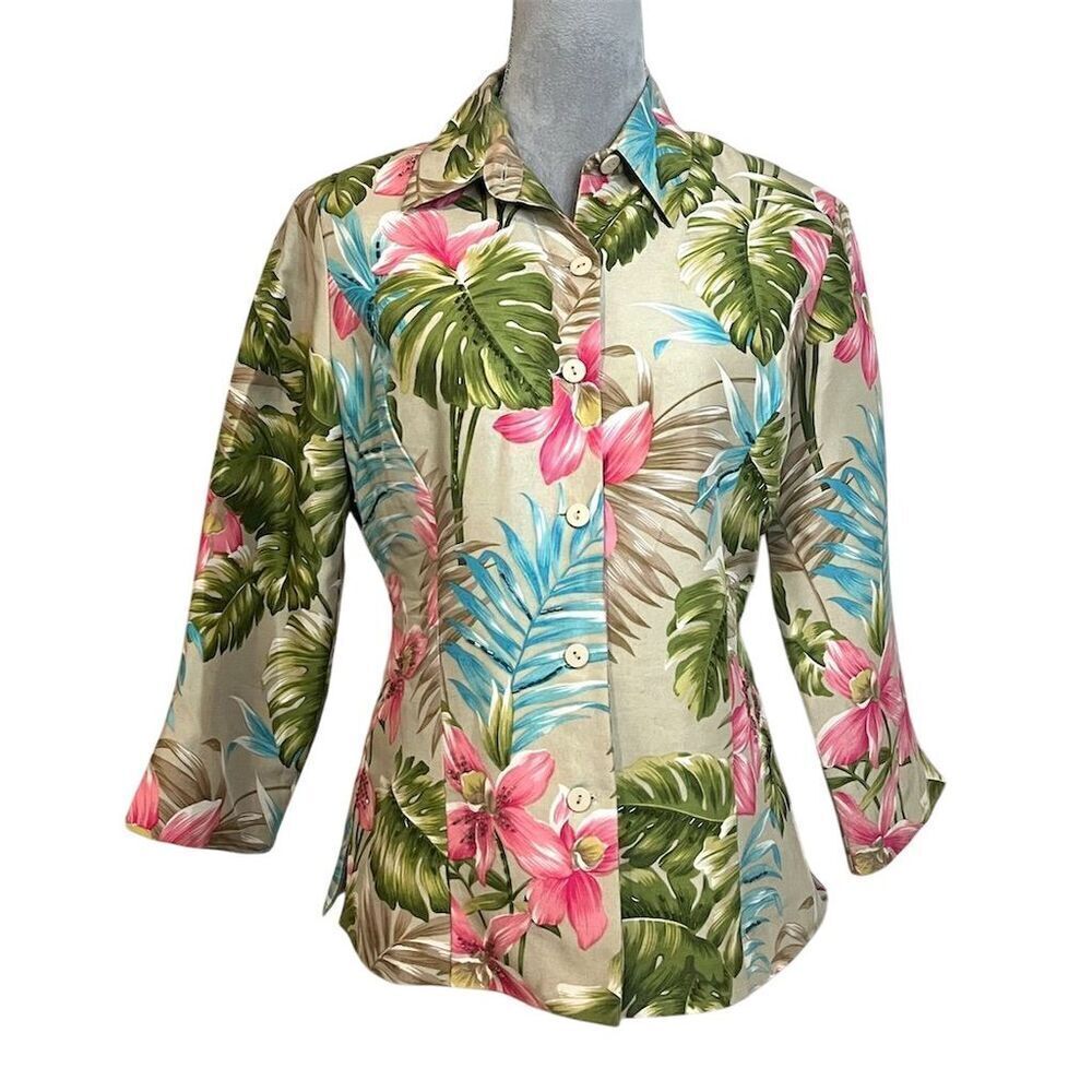 Silkland Silk Tropical Floral Blouse Blazer Multicolor 3/4 Sleeve Spring Top S